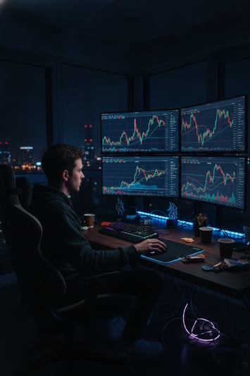 A lone engineer silhouetted against a wall of monitors at dusk